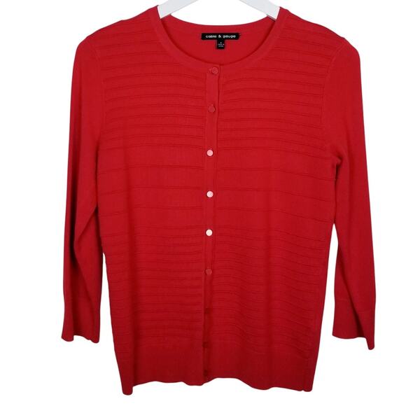 Cable & Gauge Red Pointelle Knit Ribbed Button Front Cardigan Sweater - Small - Picture 1 of 7